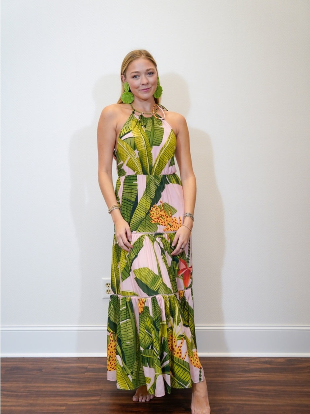 FARM Rio Tropical Pink Maxi Dress with Green Leaf Print Size Medium - Picture 13 of 16